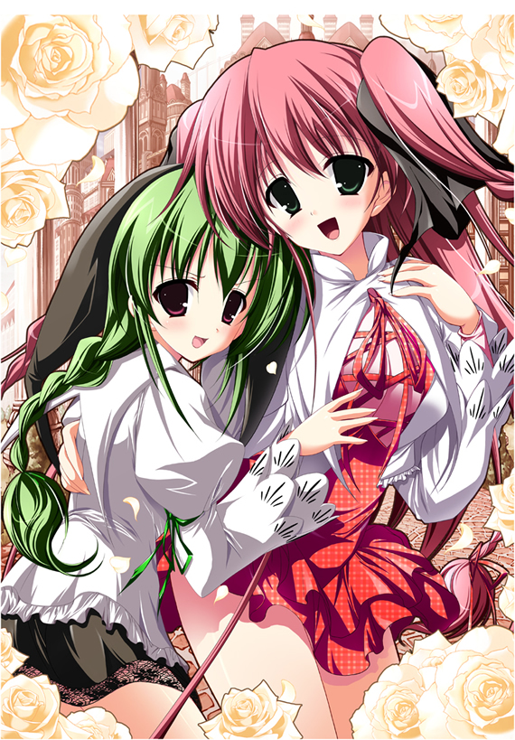 non-web source, 2girls, braid, breasts, cleavage, dress, flower, frills, green eyes, green hair, large breasts, multiple girls, red eyes, red hair, rose, twintails