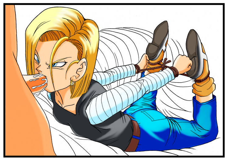 android 18, dragon ball, dragonball z, 1boy, 1girl, bdsm, blonde hair, blue eyes, bondage, bound, cum, cum in mouth, fellatio, forced, hetero, oral, penis, rope, solo focus, uncensored