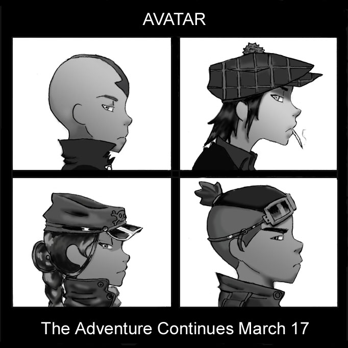 aang, katara, sokka, avatar: the last airbender, gorillaz, monochrome, parody