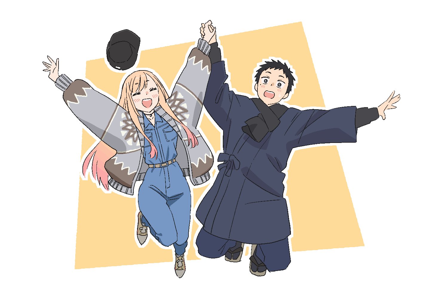 minemineo, gojou wakana, kitagawa marin, sono bisque doll wa koi wo suru, 1boy, 1girl, anime coloring, arms up, black coat, black eyes, black hair, blonde hair, blush, coat, jumping, laughing, open clothes, open coat, open mouth, simple background, surprised, teeth, upper teeth only, white background