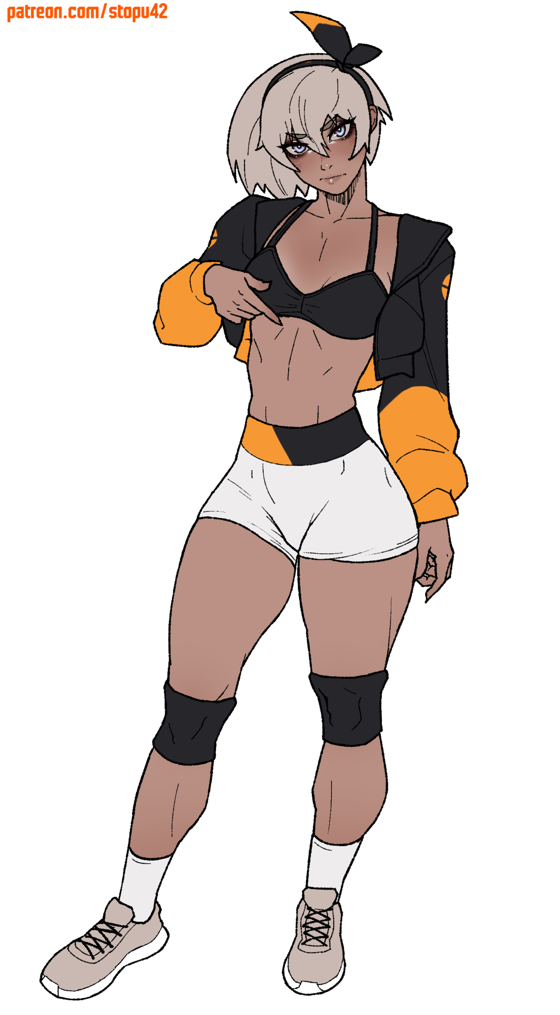 stopu, bea (pokemon), nintendo, pokemon, check copyright, copyright request, highres, 1girl, black bow, black bra, black jacket, blue eyes, blush, bow, bra, breasts, closed mouth, collarbone, cropped jacket, dark-skinned female, dark skin, eyelashes, full body, grey hair, grey shoes, hair between eyes, hair bow, hand up, jacket, knee pads, legs, light frown, lips, looking at viewer, midriff, multicolored jacket, nose, patreon username, shoes, short hair, shorts, simple background, small breasts, sneakers, socks, solo, standing, thighs, two-tone jacket, underwear, white background, white shorts, white socks, yellow jacket