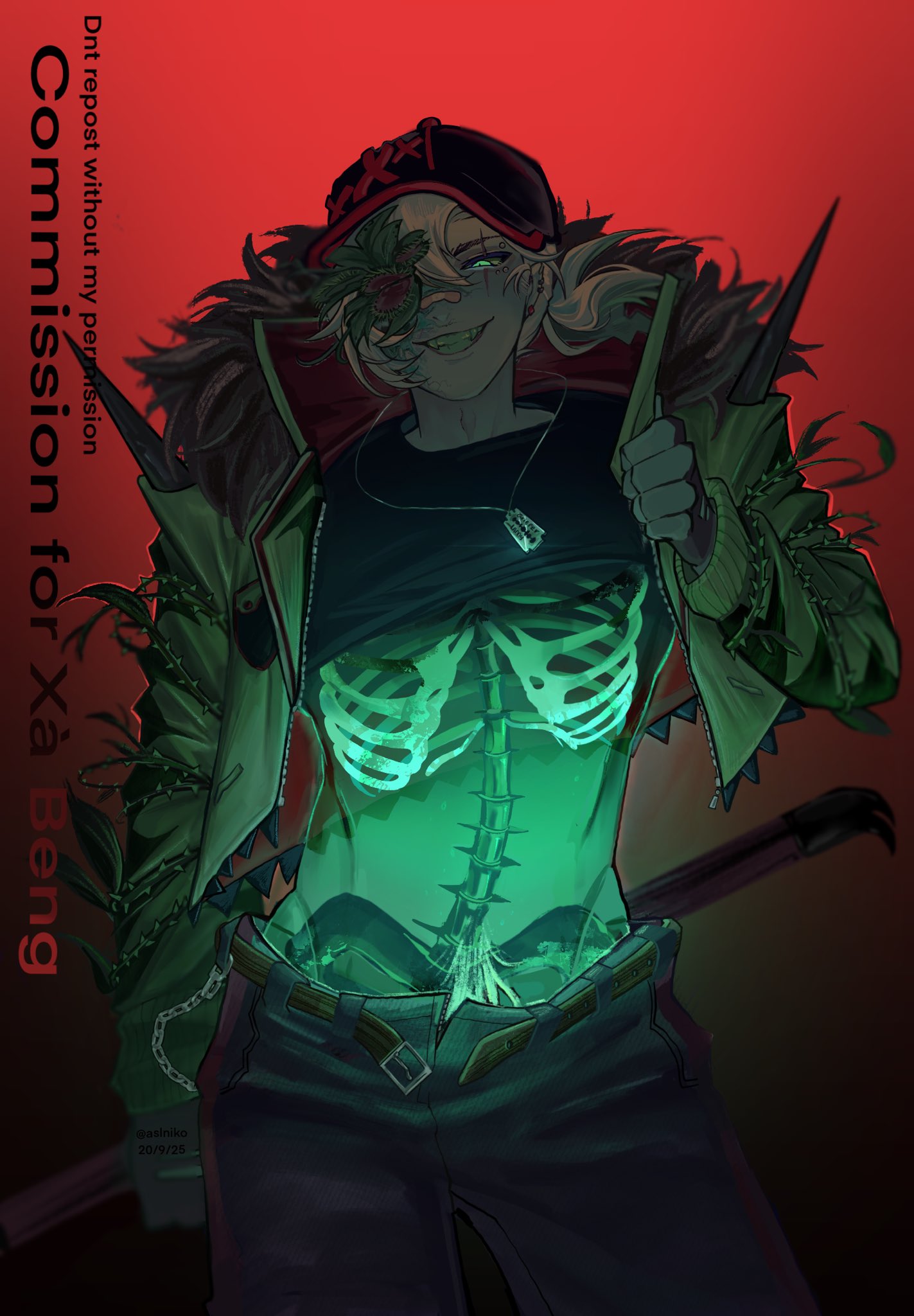 highres, 1boy, ;d, aslniko, belt, black hat, black shirt, block tales, blue eyes, brambles, chest tattoo, clenched hand, clothes lift, contrapposto, fingerless gloves, fur collar, gloves, glowing, griefer (block tales), grin, hat, jacket, male focus, one eye closed, one eye covered, open belt, open clothes, open jacket, open mouth, plant, ponytail, razor blade necklace, red gloves, red trim, scar, scar across eye, scar on face, sharp teeth, shirt, shirt lift, skeleton, skeleton print, smile, solo, spikes, stomach tattoo, tattoo, teeth, venus flytrap, white hair, x (symbol)