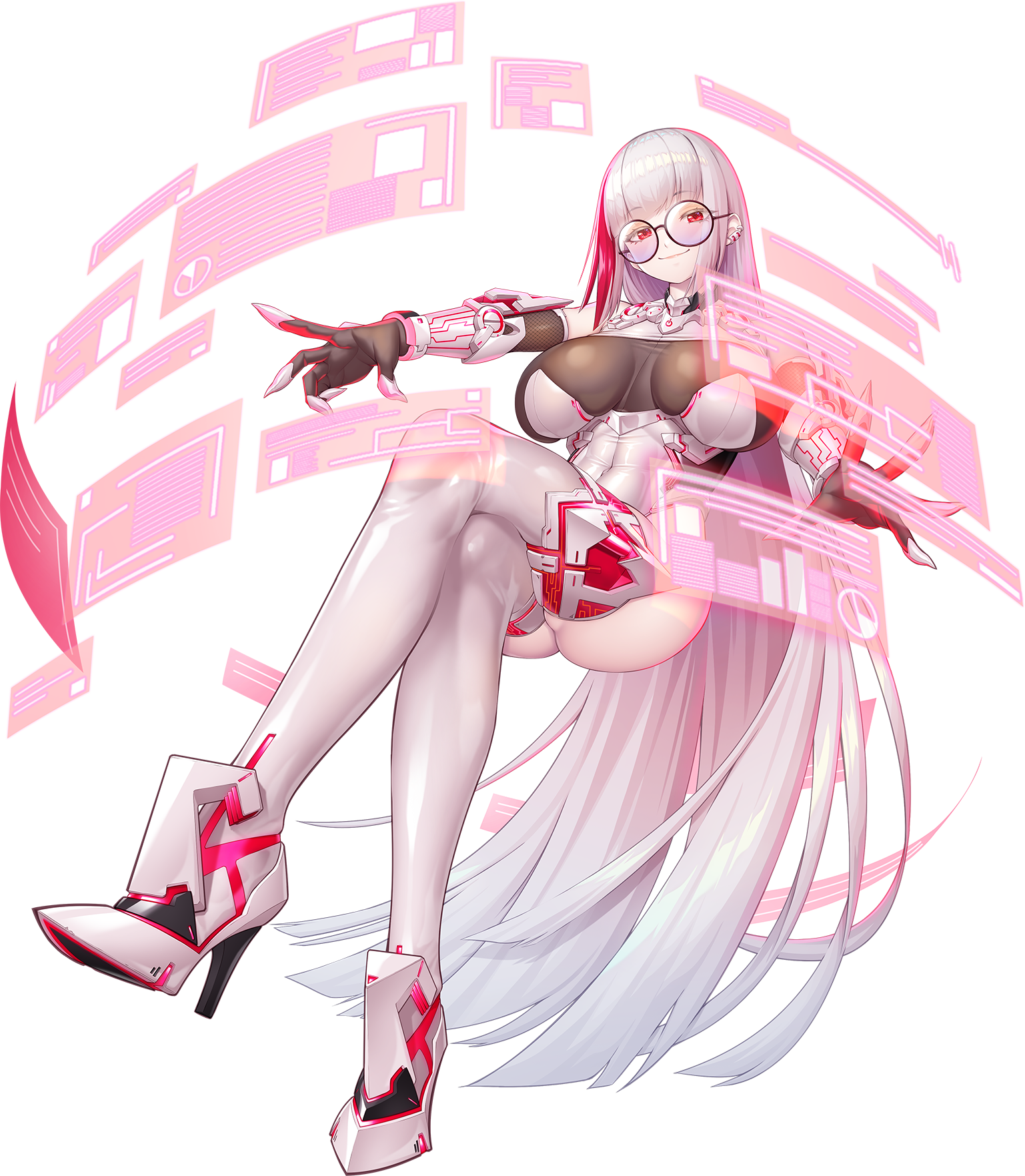 taimanun, kumara jun, lilith-soft, taimanin (series), taimanin rpgx, highres, translation request, 1girl, absurdly long hair, ass, breasts, cleavage cutout, clothing cutout, crossed legs, curvy, floating, full body, glasses, highleg, highleg leotard, huge ass, impossible clothes, impossible leotard, large breasts, leotard, long hair, looking at viewer, multicolored hair, pussy, red eyes, revealing clothes, shiny clothes, shiny skin, simple background, split-color hair, two-tone hair, very long hair, white hair, white leotard, wide hips