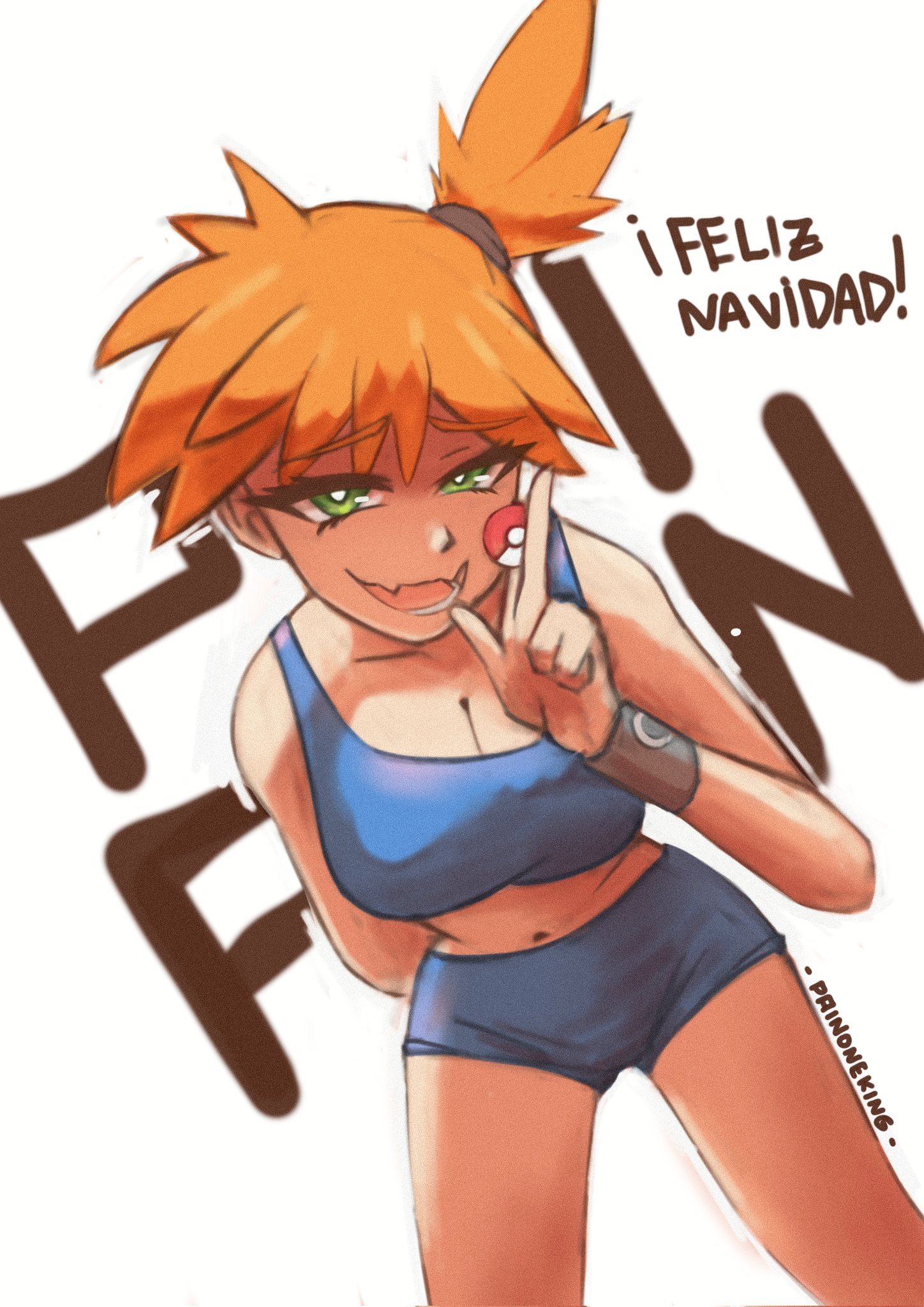 misty (pokemon), nintendo, pokemon, pokemon (anime), pokemon (classic anime), pokemon frlg, pokemon rgby, highres, 1girl, arm behind back, bikini, blue bikini, blue shorts, blue sports bra, breasts, cleavage, collarbone, english text, fang, fangs, green eyes, heart, heart-shaped pupils, heart in eye, holding, large breasts, leaning forward, looking at viewer, midriff, navel, open mouth, orange hair, painoneking, poke ball, poke ball (basic), ponytail, short hair, short shorts, shorts, side ponytail, skin fang, smile, solo, sports bra, swimsuit, symbol-shaped pupils, symbol in eye, wristband