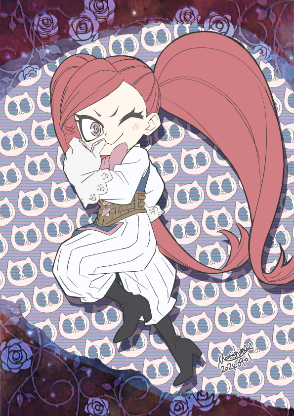 morishima noriko, la brava, boku no hero academia, commentary request, 1girl, ;>, black boots, blush, boots, bow, bowtie, brown hair, closed mouth, dated, deformed, drop shadow, eyelashes, flower, full body, gloves, high heel boots, high heels, long hair, long sleeves, one eye closed, pale skin, pants, purple bow, purple bowtie, shirt, signature, smile, solo, twintails, v-shaped eyebrows, white gloves, white pants