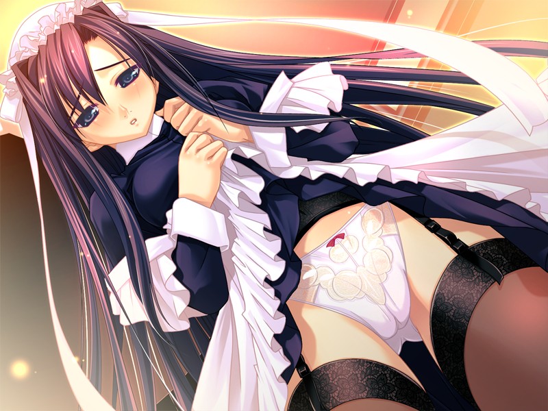 shinonome kazuhiko, aneimo, game cg, 00s, 1girl, black eyes, black hair, blush, cameltoe, clothes lift, female focus, garter belt, maid, panties, pantyshot, skirt, skirt lift, solo, thighhighs, underwear, upskirt