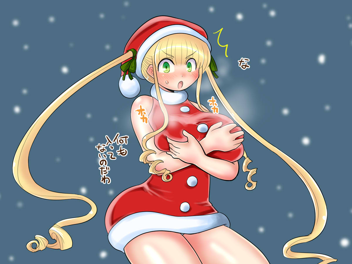 itini-sanshi, shinku, rozen maiden, commentary request, translation request, 1girl, :o, ^^^, alternate breast size (larger), alternate costume, blonde hair, blue background, blue eyes, blush, breasts, covering breasts, covering privates, cowboy shot, dress, drill hair, drill sidelocks, fur-trimmed dress, fur trim, green eyes, hat, large breasts, long hair, looking at viewer, open mouth, pom pom (clothes), red dress, santa costume, santa hat, short dress, sidelocks, sleeveless, sleeveless dress, snowing, solo, twintails, v-shaped eyebrows, very long hair