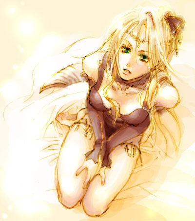 rosa farrell, final fantasy, final fantasy iv, lowres, 1990s (style), 1girl, :o, bare legs, bare shoulders, blonde hair, breasts, brown eyes, cleavage, collarbone, downblouse, female focus, frilled thigh strap, frills, full body, long hair, looking at viewer, parted lips, retro artstyle, sitting, solo, thigh strap, very long hair