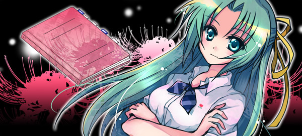 hazuki megumi, sonozaki shion, higurashi no naku koro ni, 00s, 1girl, book, bow, female focus, green eyes, green hair, hair bow, half updo, long hair, matching hair/eyes, ribbon, school uniform, serafuku, solo