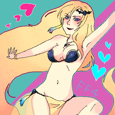 barbariccia, final fantasy, final fantasy iv, lowres, 1990s (style), 1girl, bikini, blonde hair, blue eyes, breasts, female focus, heart, jewelry, loincloth, long hair, lots of jewelry, oekaki, solo, swimsuit, very long hair