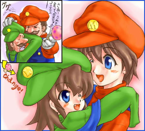 luigi, mario, mario (series), nintendo, gender request, lowres, translation request, 2boys, 2girls, age regression, aged down, genderswap, gradient background, multiple boys, multiple girls, transformation