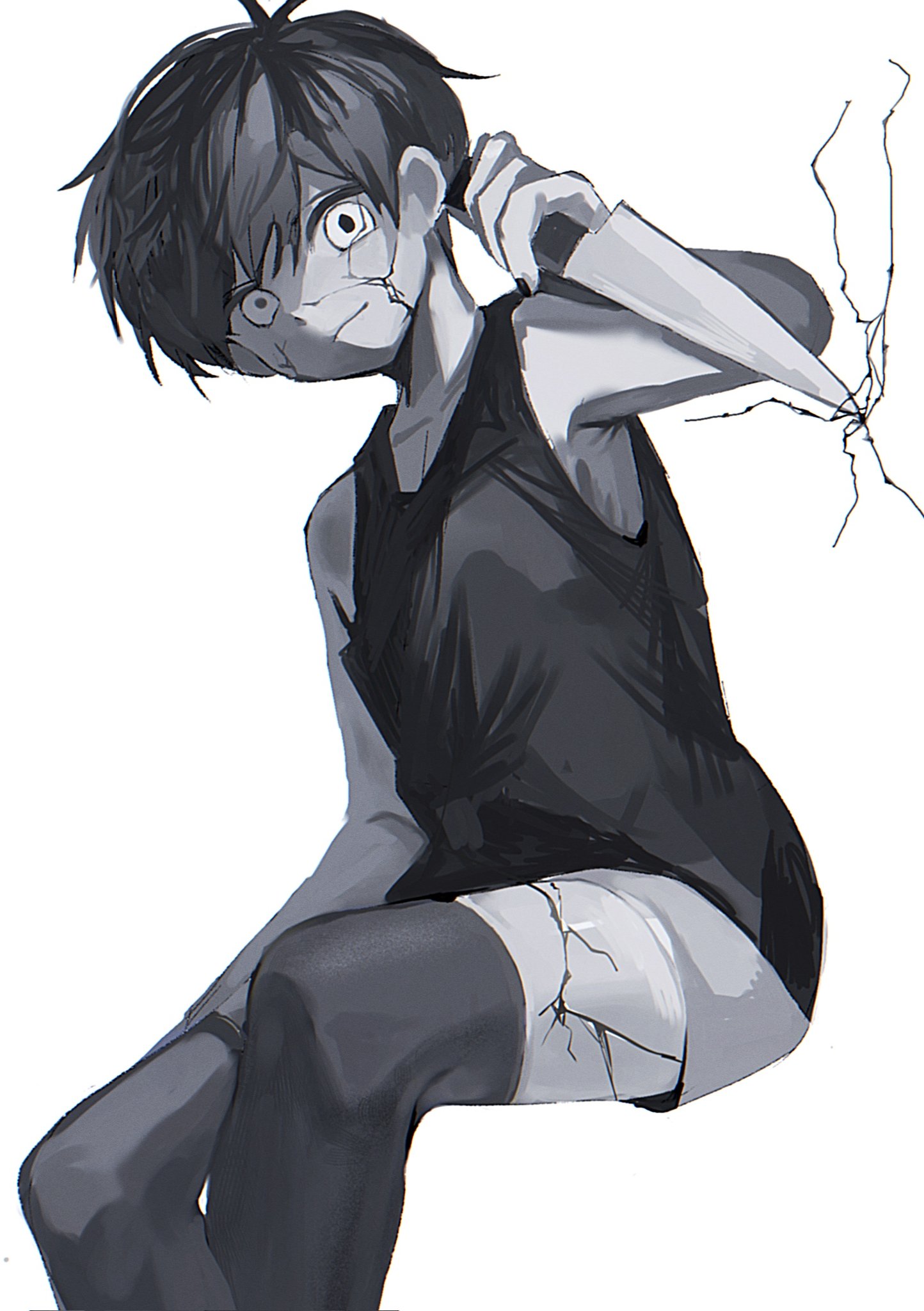 tokkooyaku, omori (omori), shattered omori (omori), omori, commentary, highres, symbol-only commentary, 1boy, antenna hair, bare arms, bare shoulders, chromatic aberration, closed mouth, cracked skin, feet out of frame, from below, greyscale, hair between eyes, hand up, holding, holding knife, invisible chair, knife, male focus, monochrome, official alternate eye color, reverse grip, shirt, short hair, shorts, simple background, sitting, solo, swept bangs, tank top, thighhighs, very short hair, white background
