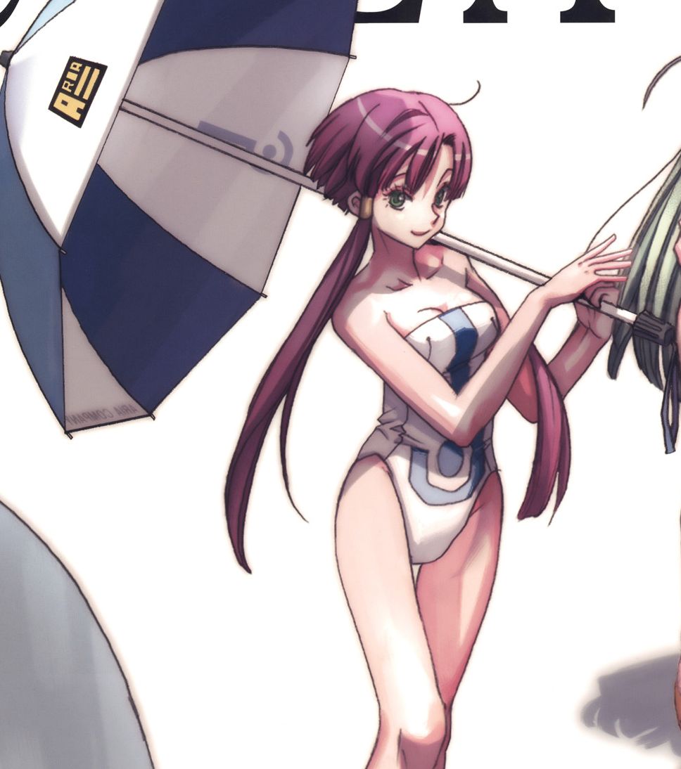 amano kozue, mizunashi akari, aria (manga), 00s, 1girl, bare shoulders, breasts, casual one-piece swimsuit, cleavage, female focus, green eyes, hair tubes, long hair, one-piece swimsuit, pink hair, purple hair, race queen, short hair with long locks, sidelocks, solo, swimsuit, umbrella
