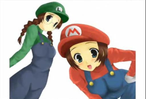 luigi, mario, mario (series), nintendo, artist request, gender request, bent over, blue eyes, braid, breasts, brown hair, genderswap, hand on own hip, hip focus, overalls, twin braids, white background