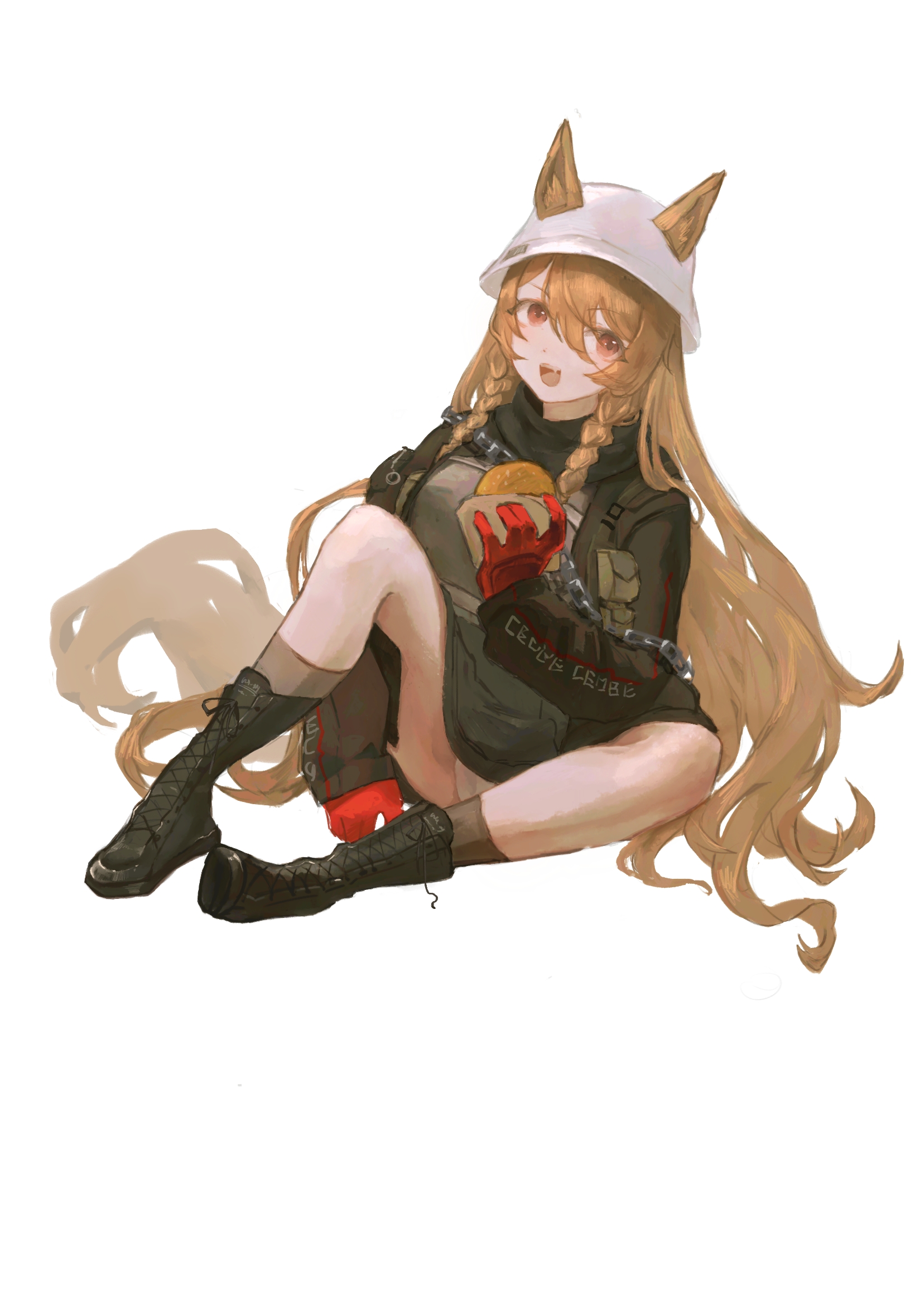 ceobe (arknights), ceobe (unfettered) (arknights), arknights, chinese commentary, commentary request, highres, 1girl, :d, black boots, black jacket, boots, braid, brown hair, character name, clothes writing, ears through headwear, food, full body, gloves, hair between eyes, hat, holding, holding food, jacket, knee boots, long hair, long sleeves, official alternate costume, open mouth, orange eyes, panties, pantyshot, red gloves, side braids, simple background, sitting, smile, solo, teeth, tu long baodao dianji jiu song, twin braids, underwear, upper teeth only, very long hair, white background, white hat, white panties