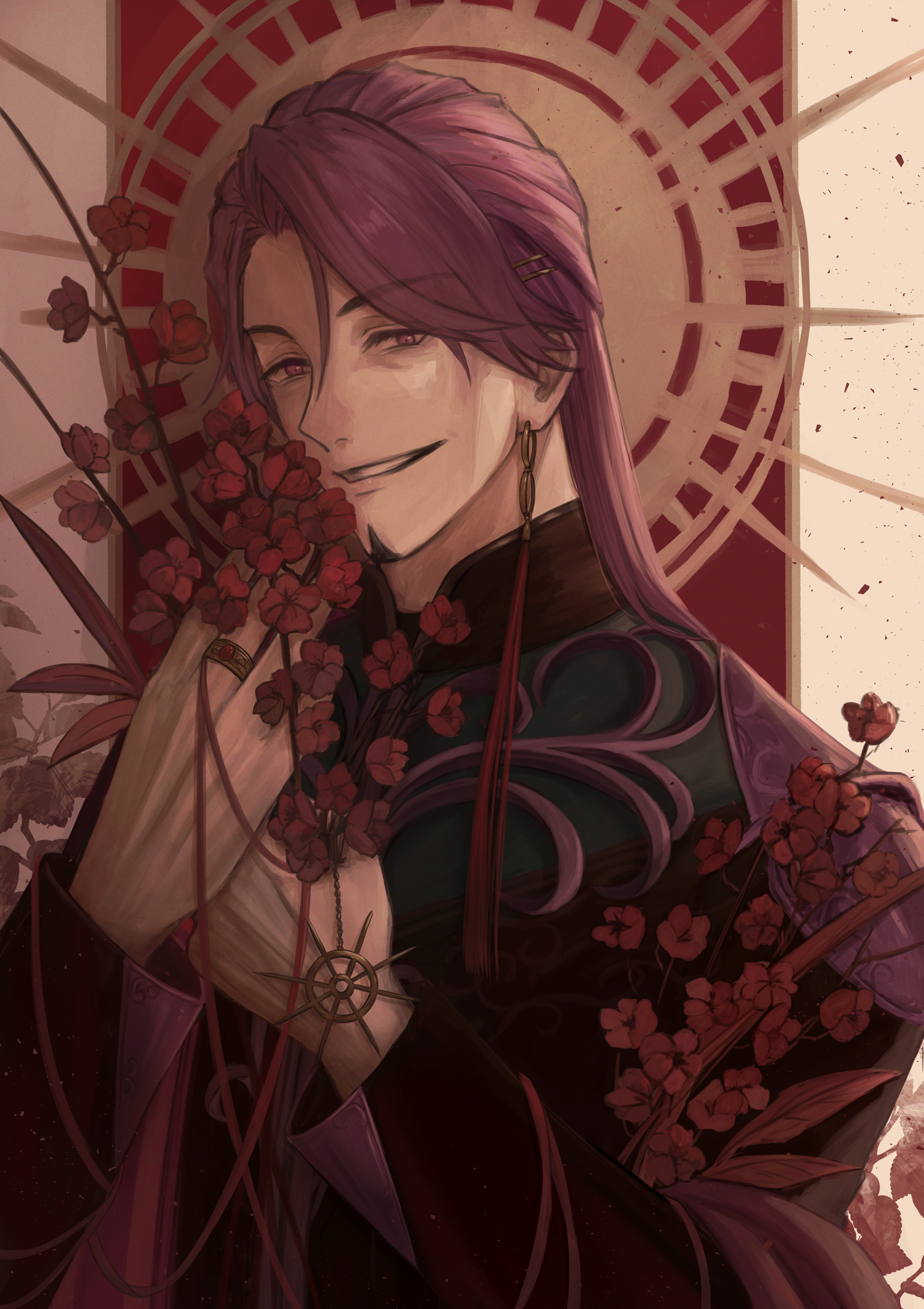 sagaru0408, duryodhana (fate), duryodhana (third ascension) (fate), fate/grand order, fate (series), absurdres, commentary request, highres, revision, 1boy, collared jacket, earrings, facial hair, flower, goatee, goatee stubble, holding, indian clothes, jacket, jewelry, long hair, long sleeves, male focus, purple eyes, purple hair, ring, shirt, single earring, smile, stubble, upper body