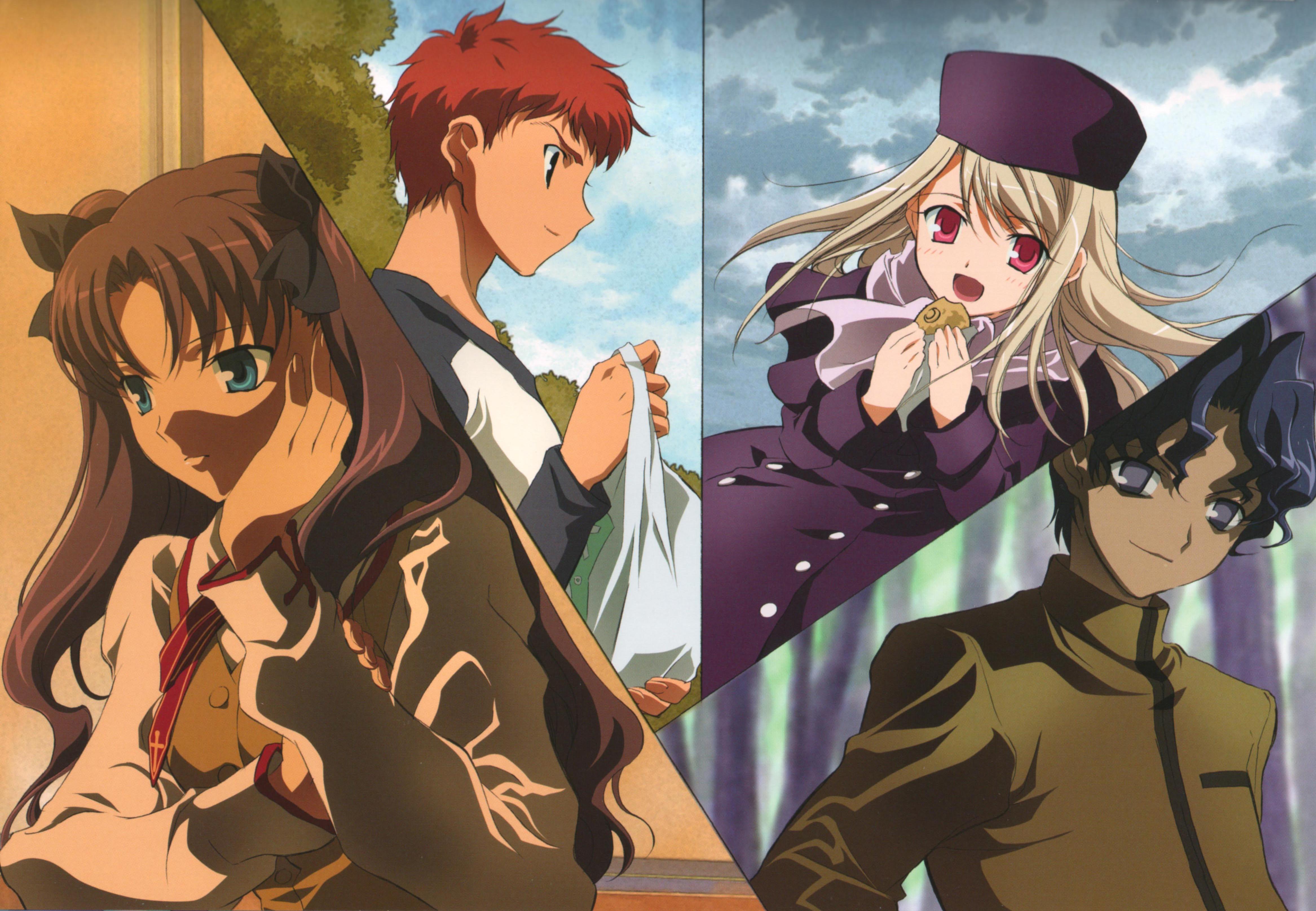 emiya shirou, illyasviel von einzbern, matou shinji, tohsaka rin, fate/stay night, fate (series), absurdres, highres, 00s, 2boys, 2girls, black hair, blue eyes, blue hair, brother and sister, eating, hat, homurabara academy school uniform, multiple boys, multiple girls, purple hat, red eyes, red hair, school uniform, serafuku, siblings, twintails, two side up, white hair