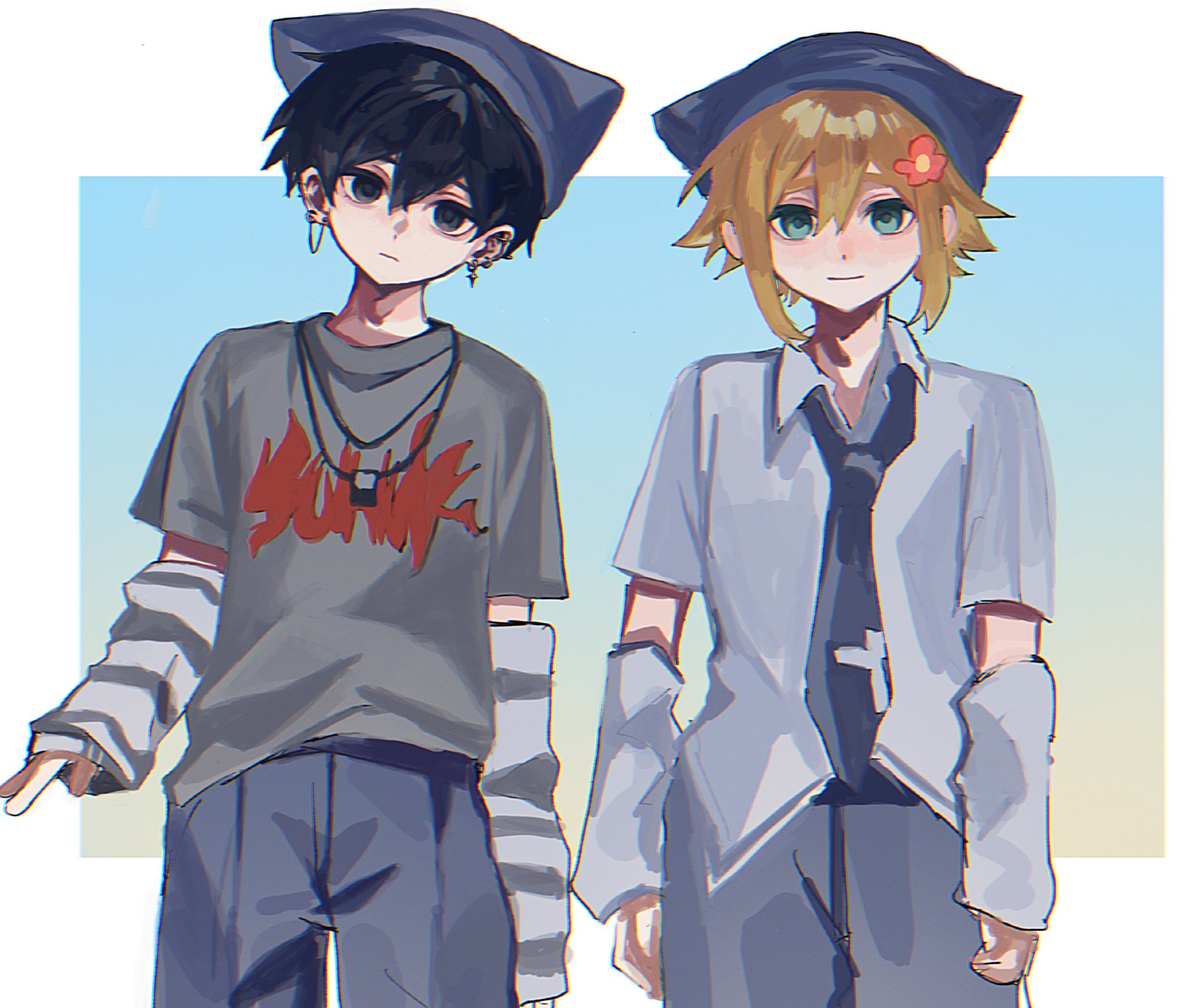 tokkooyaku, basil (faraway) (omori), basil (omori), sunny (omori), omori, commentary request, highres, 2boys, alternate costume, animal hat, aqua eyes, arms at sides, beanie, black arm warmers, black eyes, black hair, black necktie, blonde hair, blue background, border, cat hat, chromatic aberration, closed mouth, collared shirt, cowboy shot, denim, double-parted bangs, earrings, empty eyes, flipped hair, flower, frown, gradient background, grey arm warmers, grey pants, grey shirt, hair behind ear, hair between eyes, hair flower, hair ornament, hat, jeans, jewelry, male focus, multiple boys, necklace, necktie, outside border, pants, red flower, shirt, short hair, short sleeves, side-by-side, sidelocks, simple background, standing, straight-on, striped arm warmers, t-shirt, white border, white shirt, yellow background