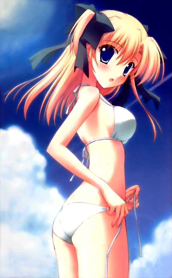 nanao naru, housen elis, canvas (cocktail soft), canvas 2, non-web source, 00s, 1girl, bikini, blonde hair, blue eyes, cloud, day, female focus, long hair, side-tie bikini bottom, sky, solo, swimsuit, twintails, tying, white bikini