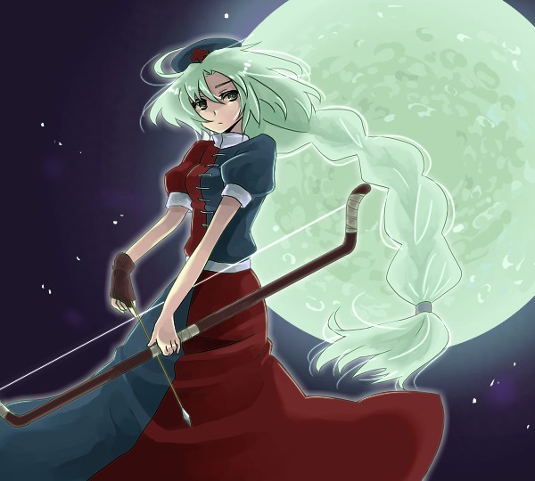 yutsuka, yutsuka (amyucca), yagokoro eirin, touhou, 1girl, arrow (projectile), bow (weapon), braid, female focus, full moon, green eyes, long hair, moon, night, night sky, sky, solo, weapon