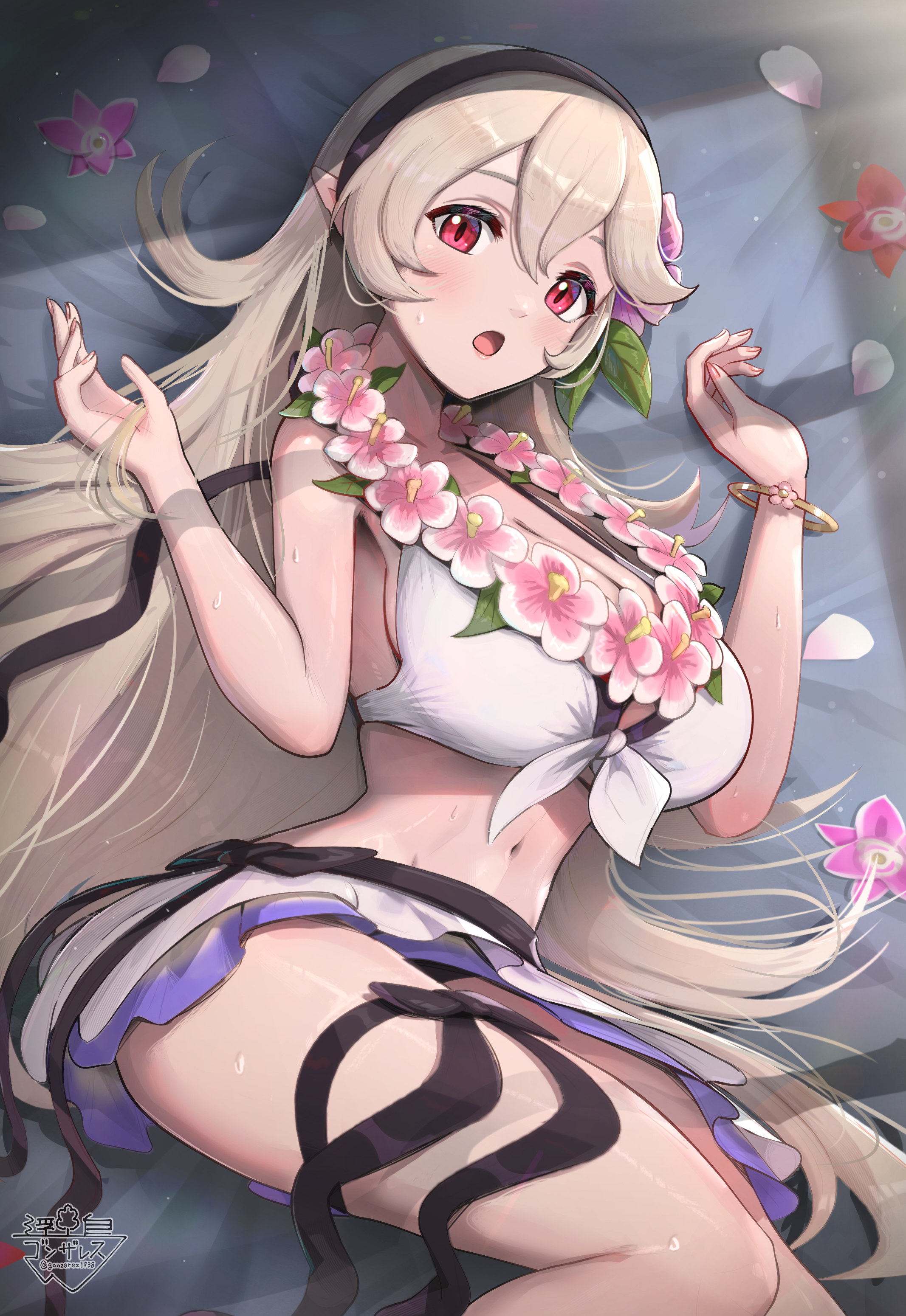 gonzarez, female corrin (fire emblem), female corrin (novice vacationer) (fire emblem), fire emblem, fire emblem fates, fire emblem heroes, nintendo, absurdres, highres, 1girl, bikini, bikini skirt, black hairband, blonde hair, blush, breasts, cleavage, flower, flower necklace, hair between eyes, hair flower, hair ornament, hairband, jewelry, large breasts, lei, long hair, looking at viewer, lying, midriff, navel, necklace, official alternate costume, on side, open mouth, pointy ears, red eyes, slit pupils, solo, sweatdrop, swimsuit, white bikini
