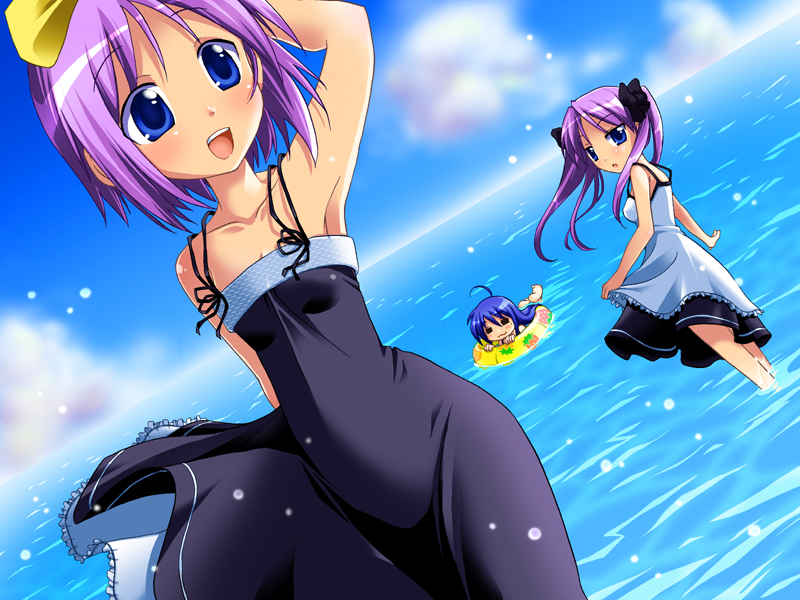mai (artist), mai (maittingu), hiiragi kagami, hiiragi tsukasa, izumi konata, lucky star, 00s, armpits, blue eyes, dress, dutch angle, innertube, purple hair, siblings, sisters, swim ring, twins, wading, water