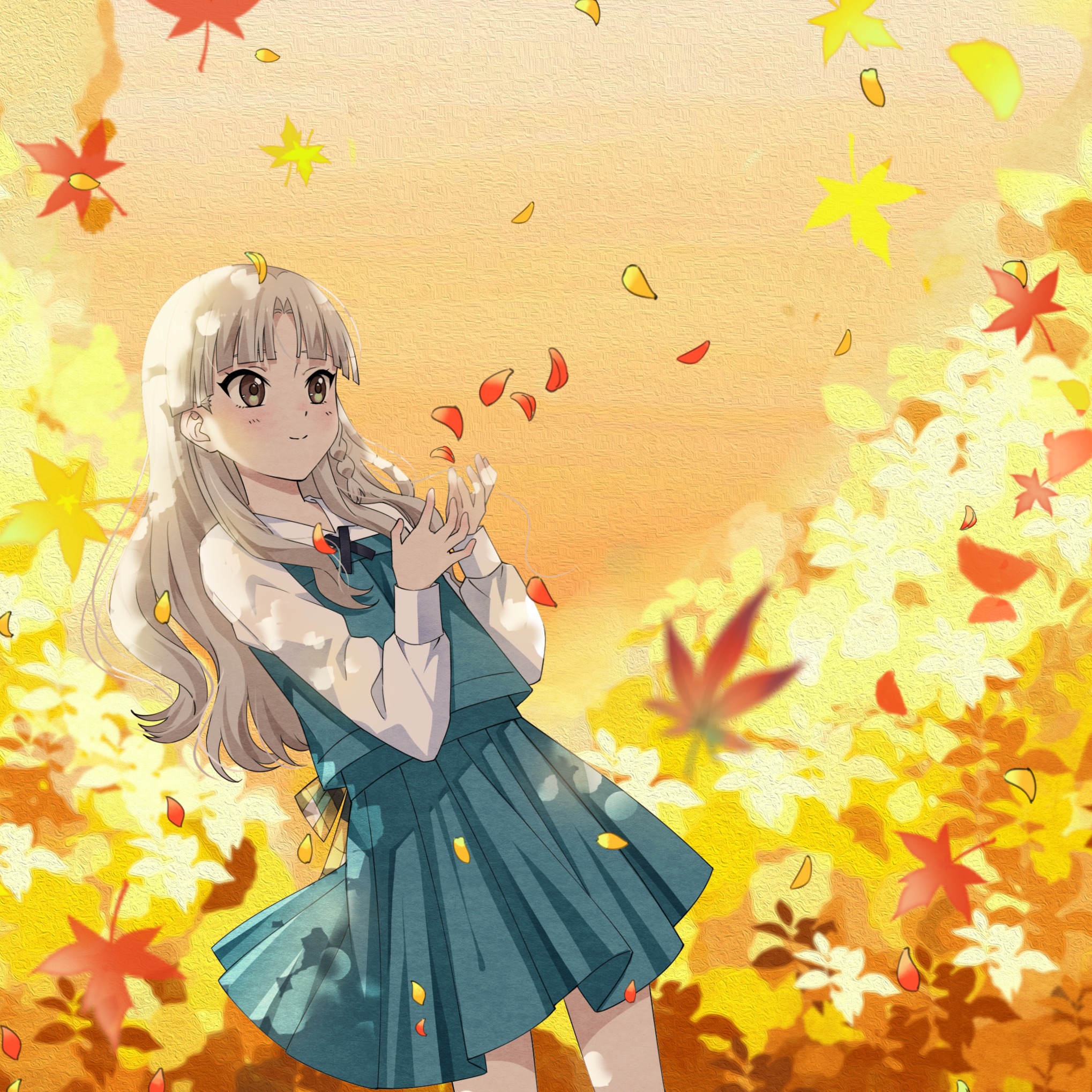 uwuvppeofftjdpl, nagamine kaede, 22/7, highres, 1girl, blue skirt, blue vest, braid, closed mouth, falling leaves, feet out of frame, grey eyes, grey hair, leaf, light smile, long hair, long sleeves, maple leaf, orange background, parted bangs, pleated skirt, red leaf, shirt, side braid, single braid, skirt, skirt set, solo, standing, vest, white shirt, yellow leaf