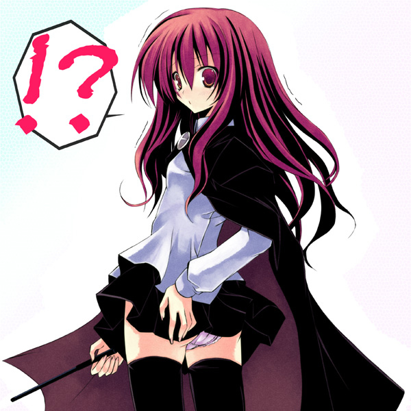 louise francoise le blanc de la valliere, zero no tsukaima, artist request, non-web source, 00s, cape, long hair, looking back, panties, pantyshot, red eyes, red hair, solo, surprised, thighhighs, underwear, voice actor connection, wand