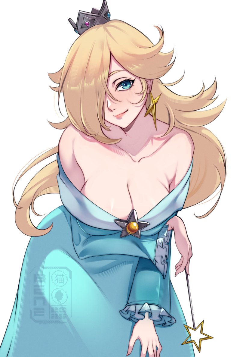 beneceadraws, rosalina, mario (series), nintendo, 1girl, alternate breast size (larger), bare shoulders, blonde hair, blue dress, blue eyes, blush, breasts, brooch, cleavage, closed mouth, collarbone, crown, dress, earrings, grey crown, hair over one eye, holding, holding wand, jewelry, large breasts, long hair, long sleeves, looking at viewer, off-shoulder dress, off shoulder, silver crown, simple background, smile, solo, star (symbol), star brooch, star earrings, star wand, wand