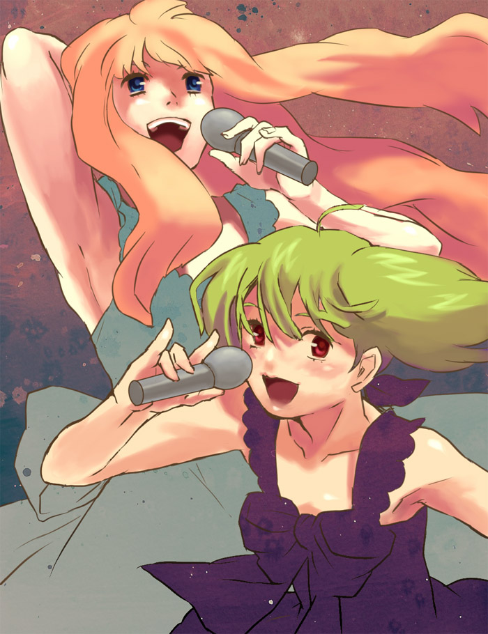 ranka lee, sheryl nome, macross, macross frontier, 00s, 2girls, blonde hair, blue eyes, blush, dress, green hair, long hair, microphone, multiple girls, music, red eyes, short hair, singing, smile