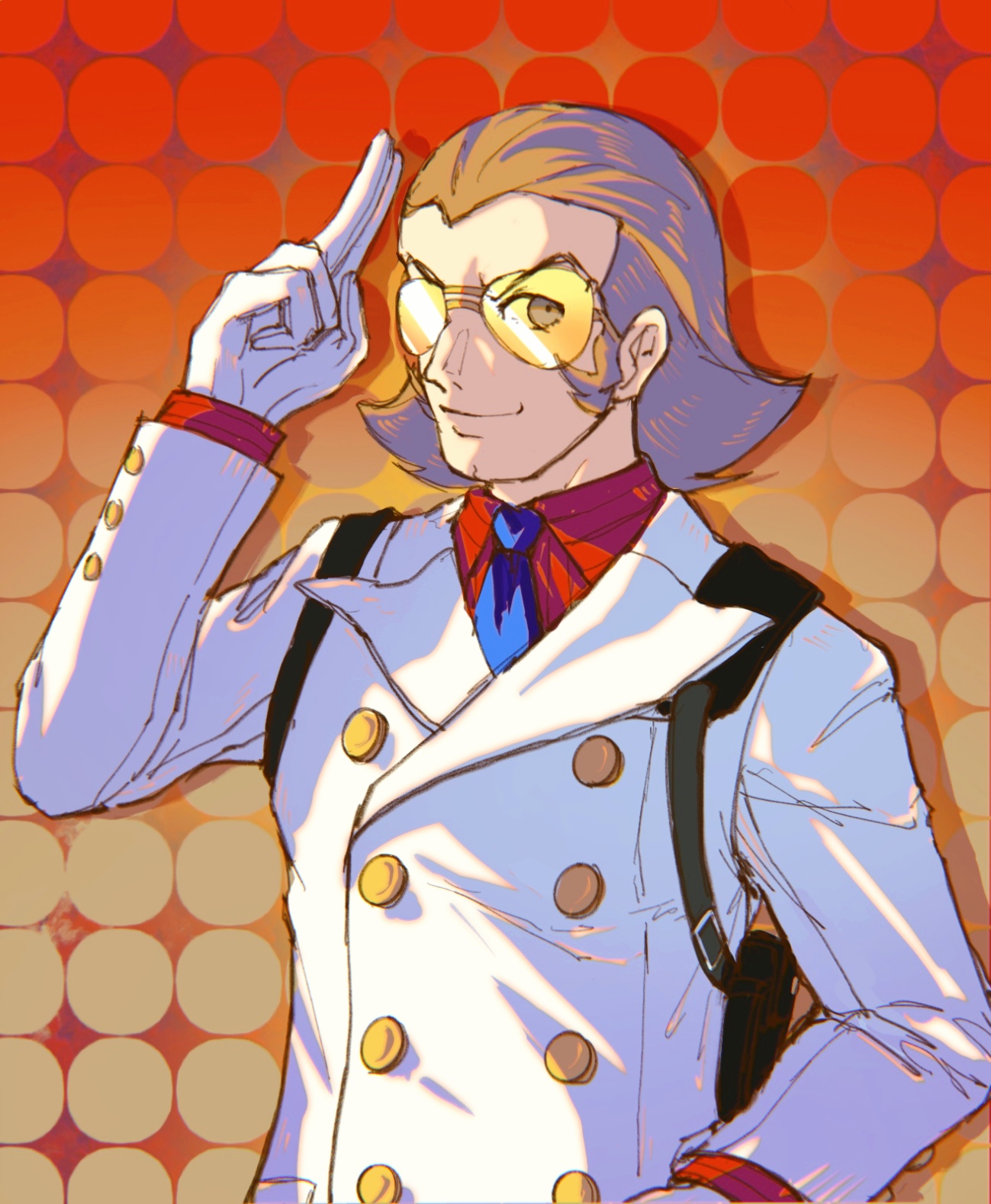 aeginflash, bobby fulbright, ace attorney, phoenix wright: ace attorney – dual destinies, commentary request, highres, 1boy, arm up, backpack, bag, black bag, blue necktie, brown background, brown hair, closed mouth, glasses, gloves, gold buttons, gradient background, grey eyes, hand on own hip, jacket, long sleeves, necktie, orange background, patterned background, red background, red shirt, salute, shirt, short hair, sidelighting, smile, solo, tinted eyewear, two-finger salute, upper body, v-shaped eyebrows, white gloves, white jacket, yellow-tinted eyewear