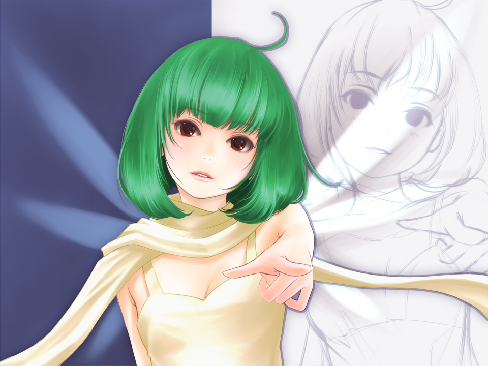 yori, yori (shitsuon), ranka lee, macross, macross frontier, light, 00s, 1girl, blush, female focus, green hair, red eyes, scarf, short hair, smile, solo, twintails