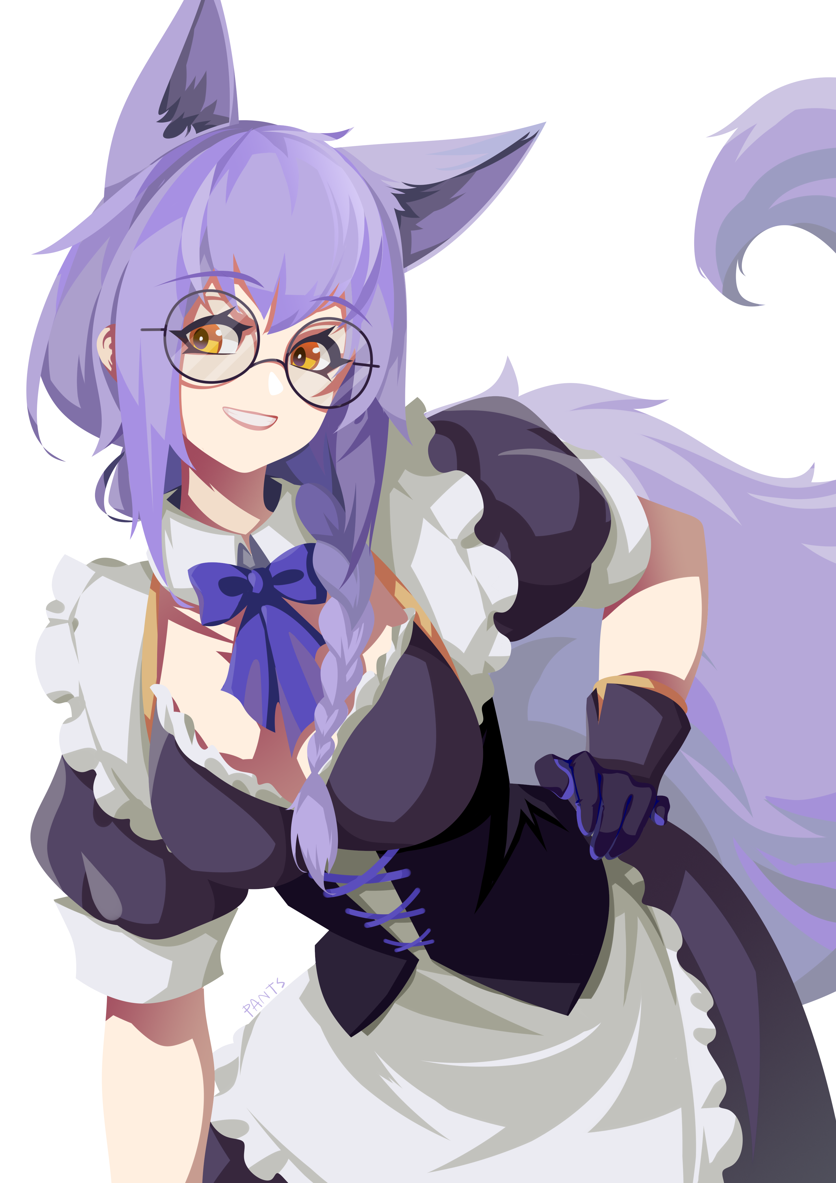 yiban luguo no xing yu ku, provence (arknights), arknights, absurdres, commentary, highres, symbol-only commentary, 1girl, :d, animal ears, apron, black-framed eyewear, black dress, black gloves, bow, bowtie, braid, breasts, cowboy shot, dress, frilled apron, frills, glasses, gloves, grin, hand on own hip, leaning, leaning forward, long hair, maid, medium breasts, open mouth, puffy short sleeves, puffy sleeves, purple bow, purple bowtie, purple hair, purple tail, round eyewear, short sleeves, simple background, smile, solo, standing, tail, waist apron, white apron, white background, yellow eyes