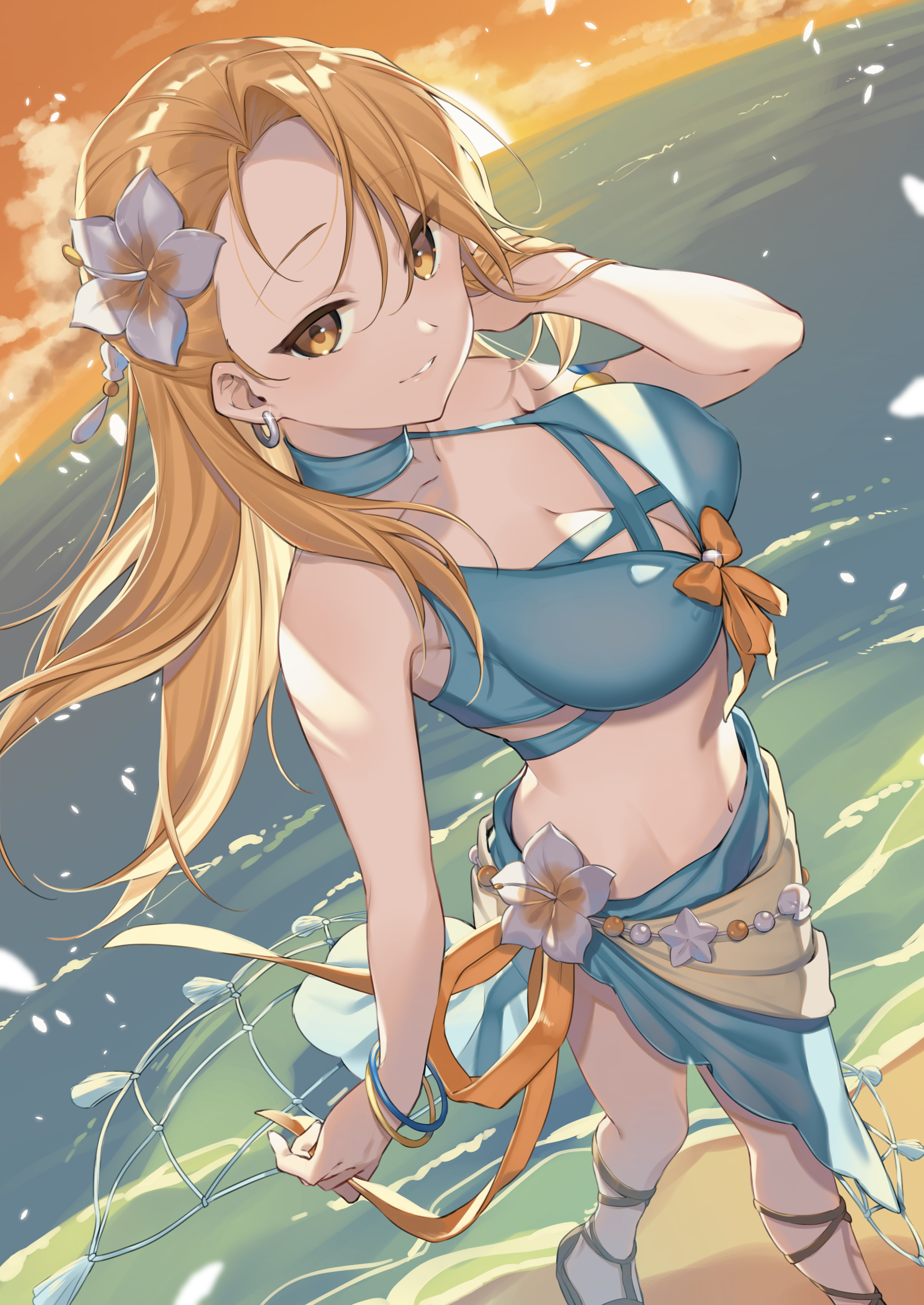 kan'yu (citron 82), riza hawkeye, fullmetal alchemist, absurdres, commentary request, highres, 1girl, bikini, blonde hair, blue bikini, blue sarong, breasts, brown eyes, earrings, flower, full body, fullmetal alchemist mobile, hair flower, hair ornament, jewelry, looking at viewer, official alternate costume, parted lips, sandals, sarong, smile, standing, swimsuit