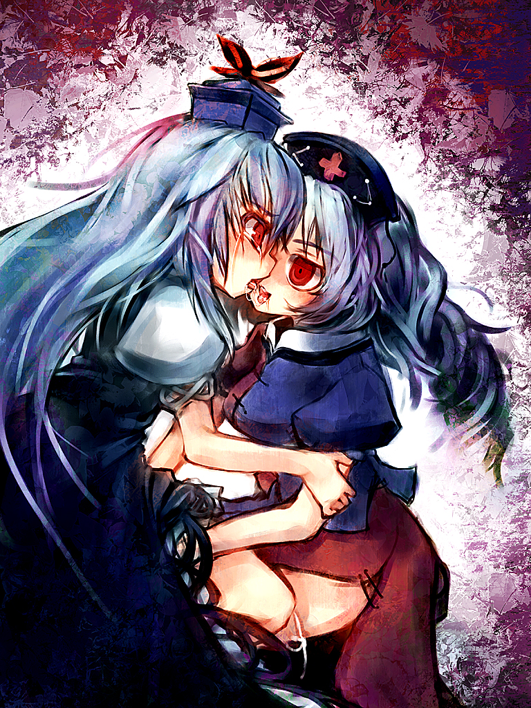 ukyo rst, kamishirasawa keine, yagokoro eirin, touhou, 2girls, female focus, hat, kiss, long hair, multiple girls, pussy juice, ribbon, tears, yuri