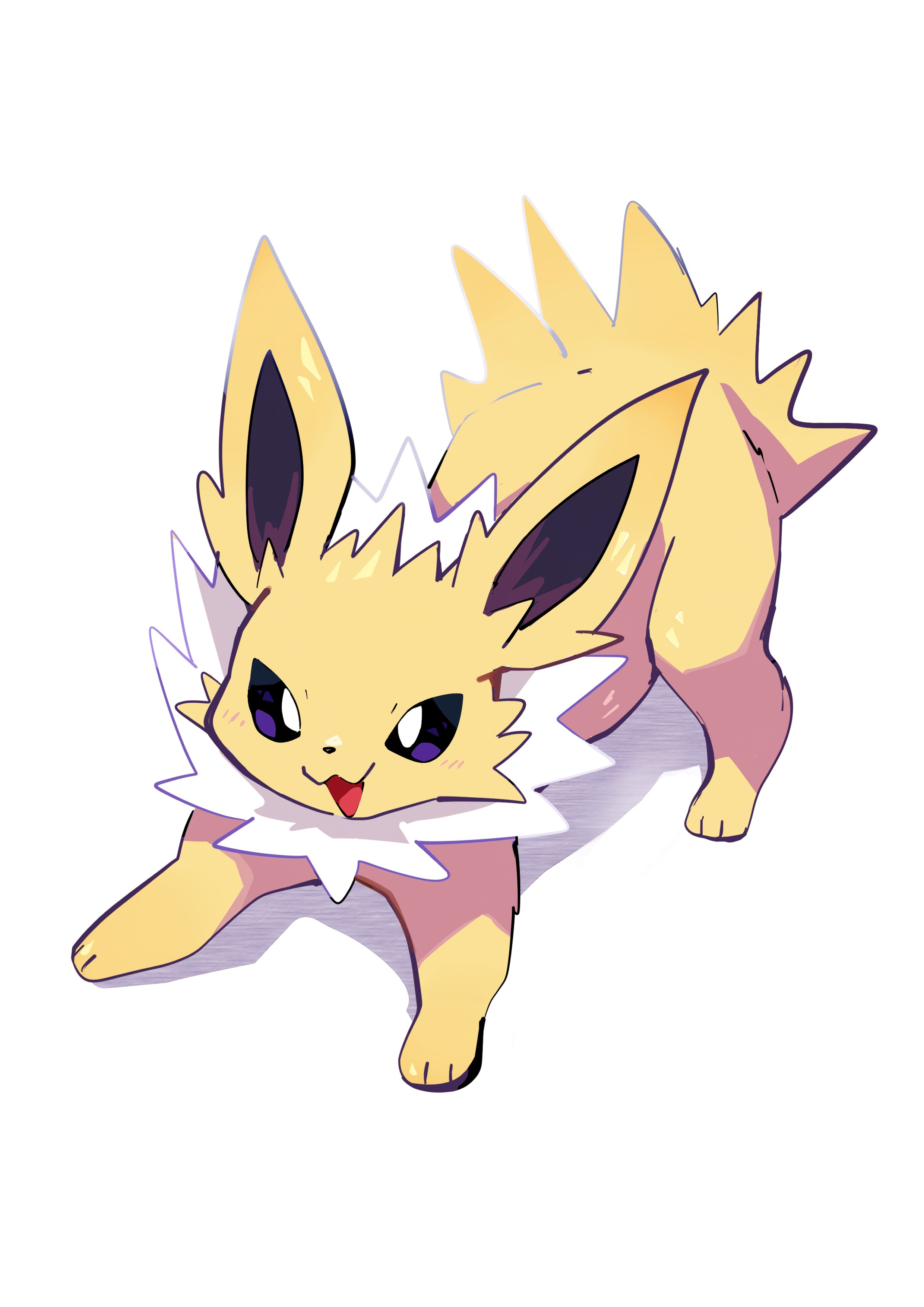 komanychi, jolteon, nintendo, pokemon, absurdres, highres, animal focus, full body, gen 1 pokemon, looking at viewer, neck fur, no humans, open mouth, pokemon (creature), pokemon focus, purple eyes, simple background, smile, solo, tail, white background, yellow fur