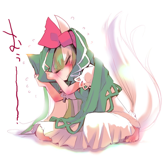 usoneko, ex-keine, kamishirasawa keine, touhou, bad id, bad pixiv id, 1girl, blush, chibi, dressing, female focus, full body, horns, ribbon, sitting, solo, tail, white background