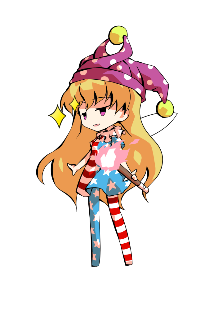 dairi, clownpiece, touhou, commentary request, large variant set, variant set, 1girl, american flag, american flag dress, american flag legwear, american flag print, blonde hair, chibi, chibi only, fairy wings, flag print, full body, hat, holding, holding torch, jester cap, long hair, no shoes, pantyhose, polka dot headwear, purple hat, short sleeves, simple background, solo, tachi-e, torch, transparent background, wings