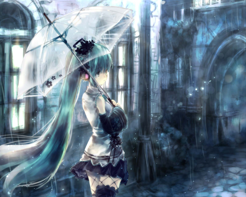 onineko, hatsune miku, vocaloid, 1girl, blue theme, detached sleeves, green eyes, green hair, headphones, long hair, pleated skirt, rain, see-through clothes, skirt, thighhighs, transparent, transparent umbrella, twintails, umbrella, very long hair, zettai ryouiki