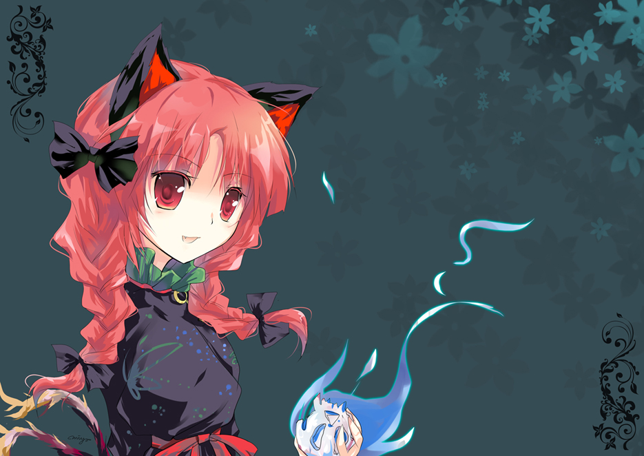 miyoochi, kaenbyou rin, touhou, 1girl, animal ears, braid, cat ears, cat girl, cat tail, fang, female focus, grey background, long hair, red hair, ribbon, skull, solo, tail, twin braids, twintails, upper body