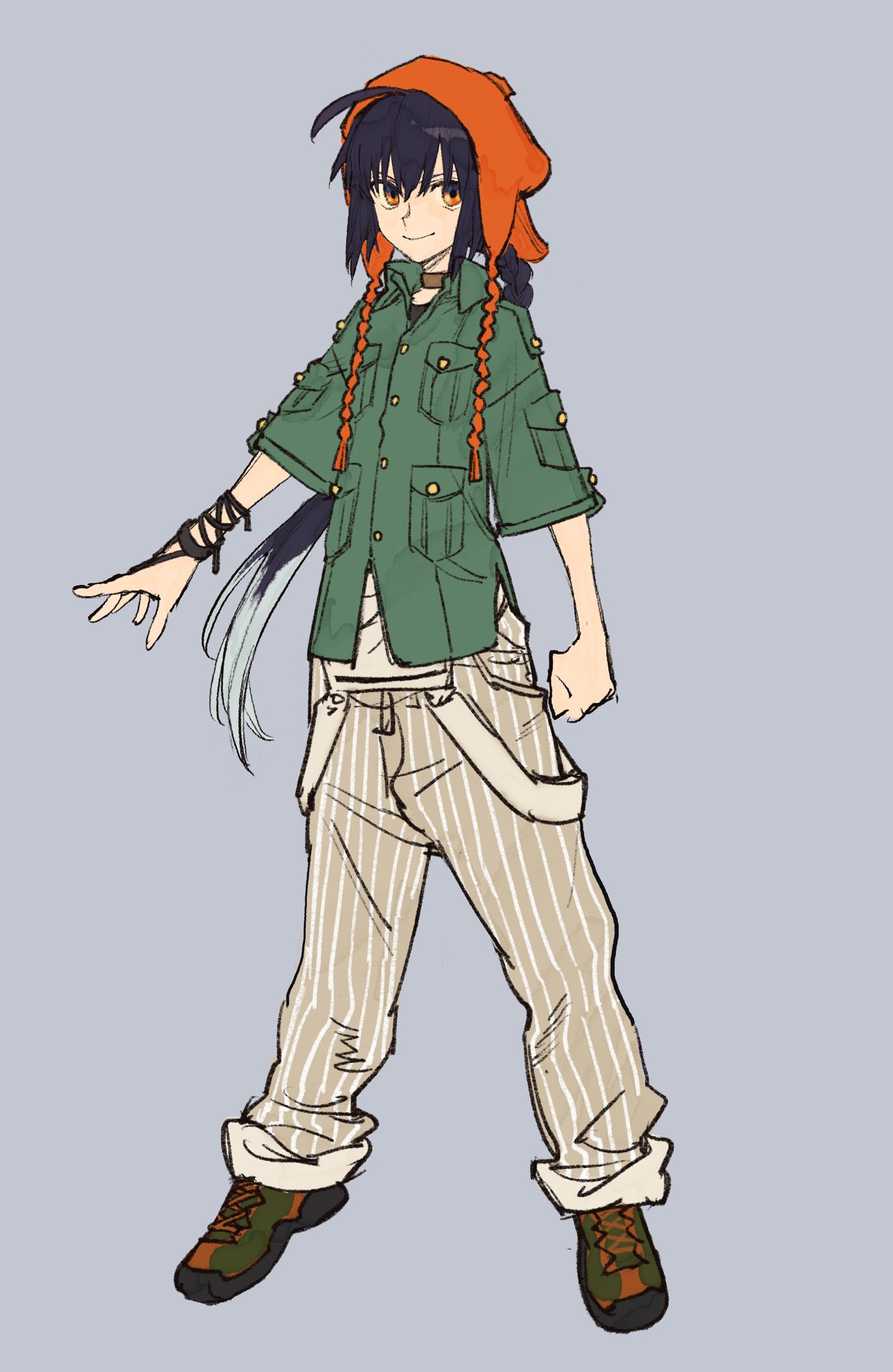 wataru rei, yamato takeru (fate), fate/grand order, fate (series), highres, 1other, ahoge, black hair, braid, buttons, choker, contemporary, green shirt, grey background, hat, long braid, official alternate costume, orange hat, overalls, shirt, sidelocks, simple background, single braid, solo, striped clothes, vertical-striped clothes