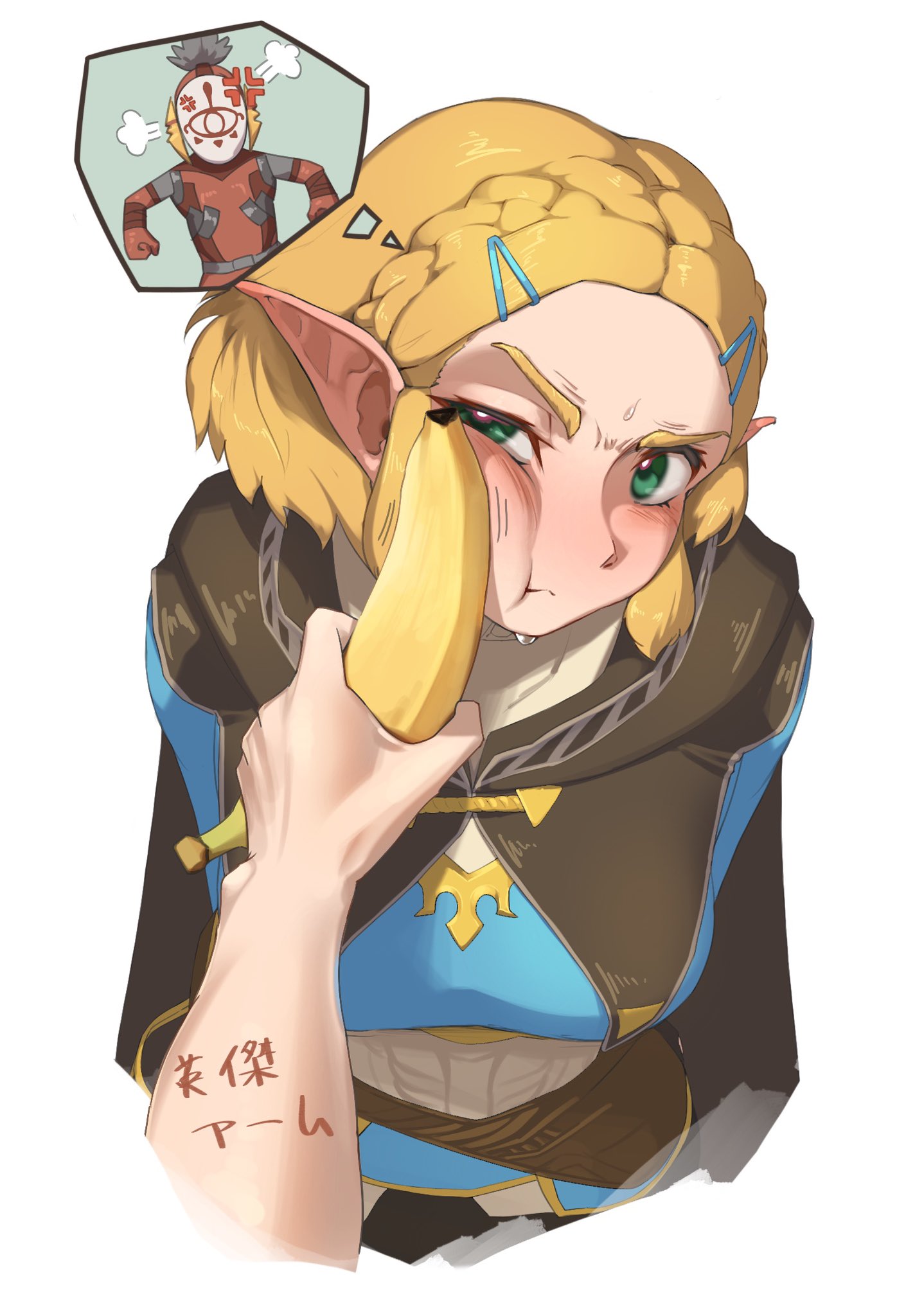 monoi daru, princess zelda, nintendo, the legend of zelda, the legend of zelda: tears of the kingdom, commentary request, highres, translation request, 1girl, arms behind back, banana, black cape, blonde hair, blue shirt, braid, breasts, cape, cropped torso, crown braid, food, fruit, gold trim, green eyes, holding, holding food, holding fruit, looking at viewer, medium breasts, pointy ears, pov, pov hands, shirt, short hair, simple background, solo focus, speech bubble, thought bubble, white background, yiga clan