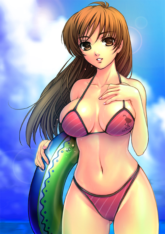 yoko juusuke, kasumi (doa), dead or alive, tecmo, bad id, bad pixiv id, 1girl, beach, bikini, breasts, brown eyes, brown hair, female focus, innertube, long hair, navel, solo, striped bikini, striped clothes, swim ring, swimsuit, wet