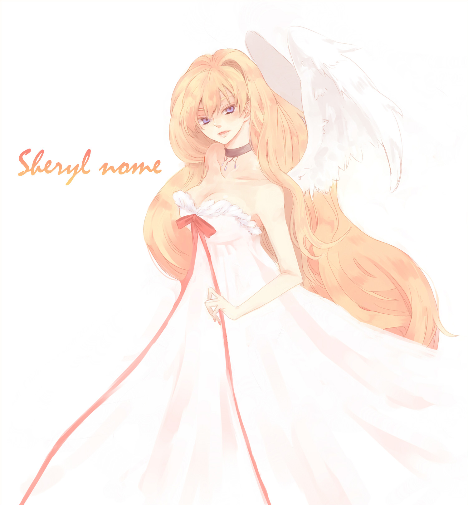 akieru nomaki, sheryl nome, macross, macross frontier, bad id, bad pixiv id, highres, 00s, angel, angel wings, blonde hair, blue eyes, choker, curly hair, dress, long hair, solo, wings