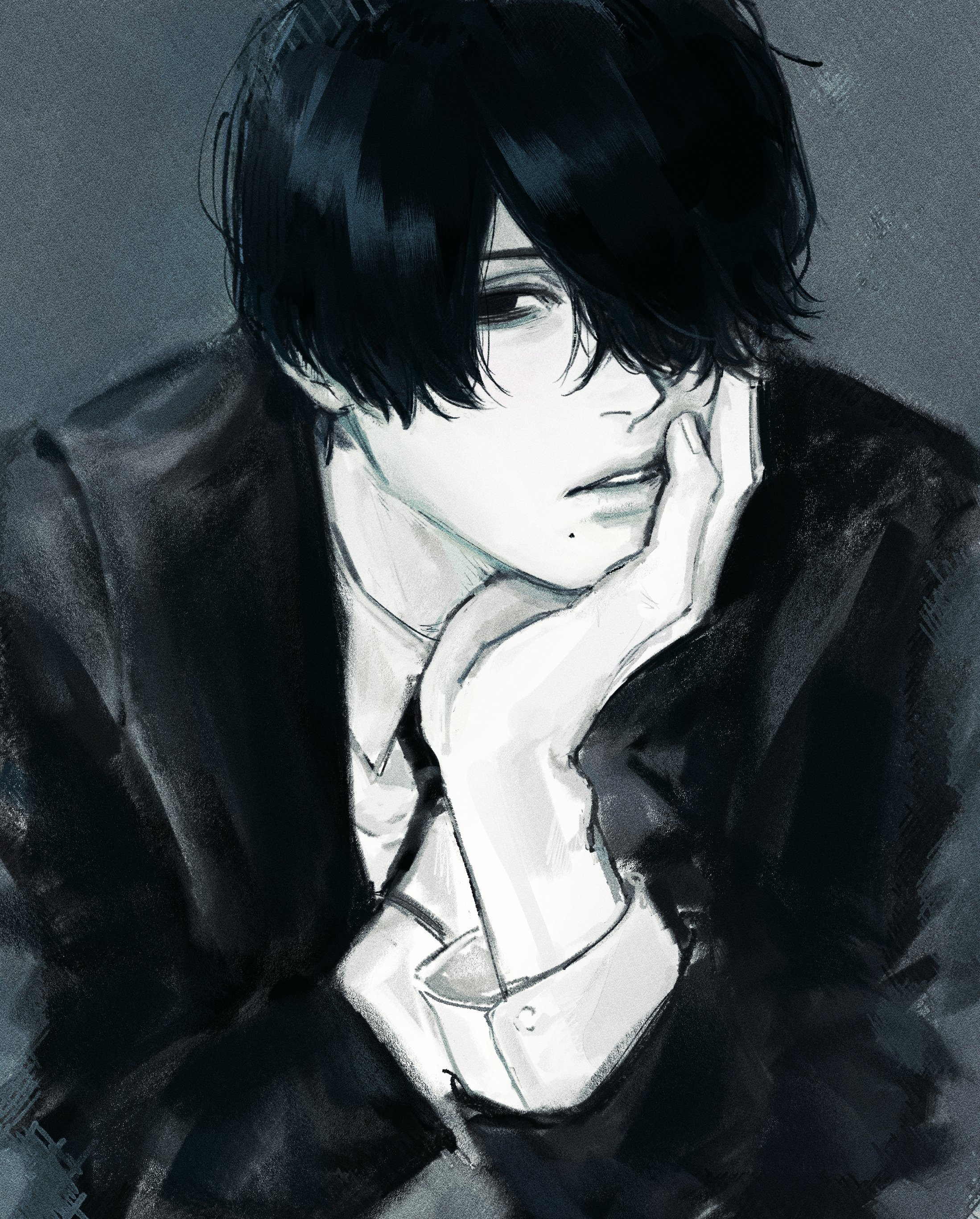 yoshida hirofumi, chainsaw man, absurdres, highres, 1boy, black eyes, black hair, black jacket, grey background, hair over one eye, head rest, jacket, long sleeves, male focus, mole, mole under mouth, monochrome, one eye covered, parted lips, shirt, solo, th3kph0enix, white shirt