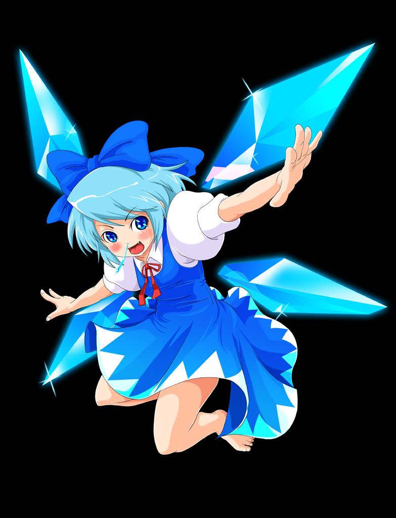 redlark, varioushunt (artist), cirno, embodiment of scarlet devil, touhou, 1girl, blue hair, dress, female focus, full body, ribbon, short hair, simple background, snot, solo, wings
