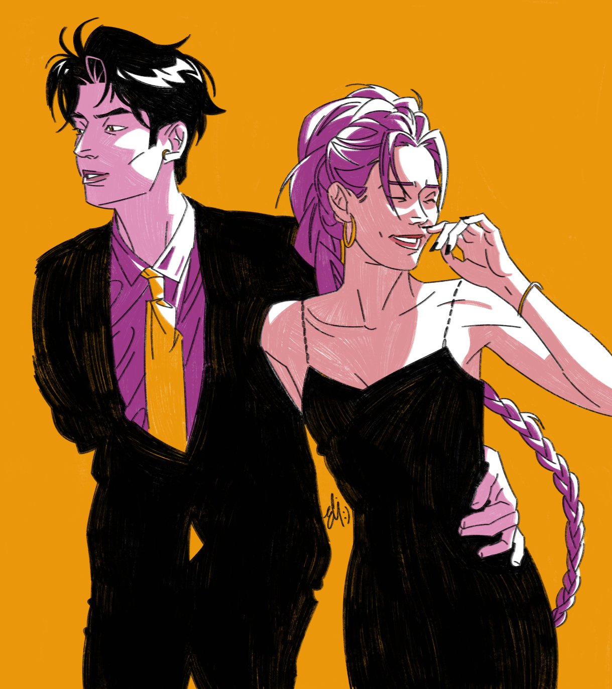 jinu (kpop demon hunters), rumi (kpop demon hunters), kpop demon hunters, commentary, highres, 1boy, 1girl, black dress, black hair, black nails, black suit, braid, braided ponytail, closed eyes, cowboy shot, dress, earrings, elitanthalos, formal clothes, jewelry, laughing, necktie, orange background, orange necktie, purple hair, purple shirt, shirt, short hair, signature, simple background, smile, suit