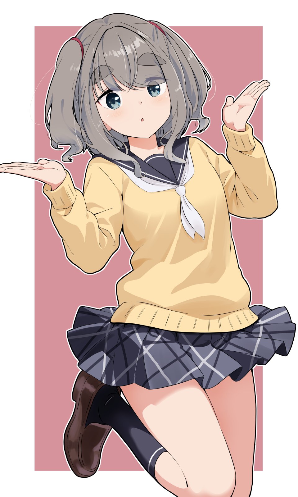 azumawari (azumofu), mizunami ema, yurucamp, commentary request, highres, 1girl, :o, black sailor collar, black socks, blush, border, grey eyes, grey hair, grey skirt, hands up, kneehighs, loafers, long sleeves, looking at viewer, miniskirt, motosu school uniform, neckerchief, outline, outside border, pink background, plaid clothes, plaid skirt, pleated skirt, sailor collar, school uniform, shoes, simple background, skirt, socks, solo, sweater, thick eyebrows, two side up, white border, white neckerchief, white outline, yellow sweater