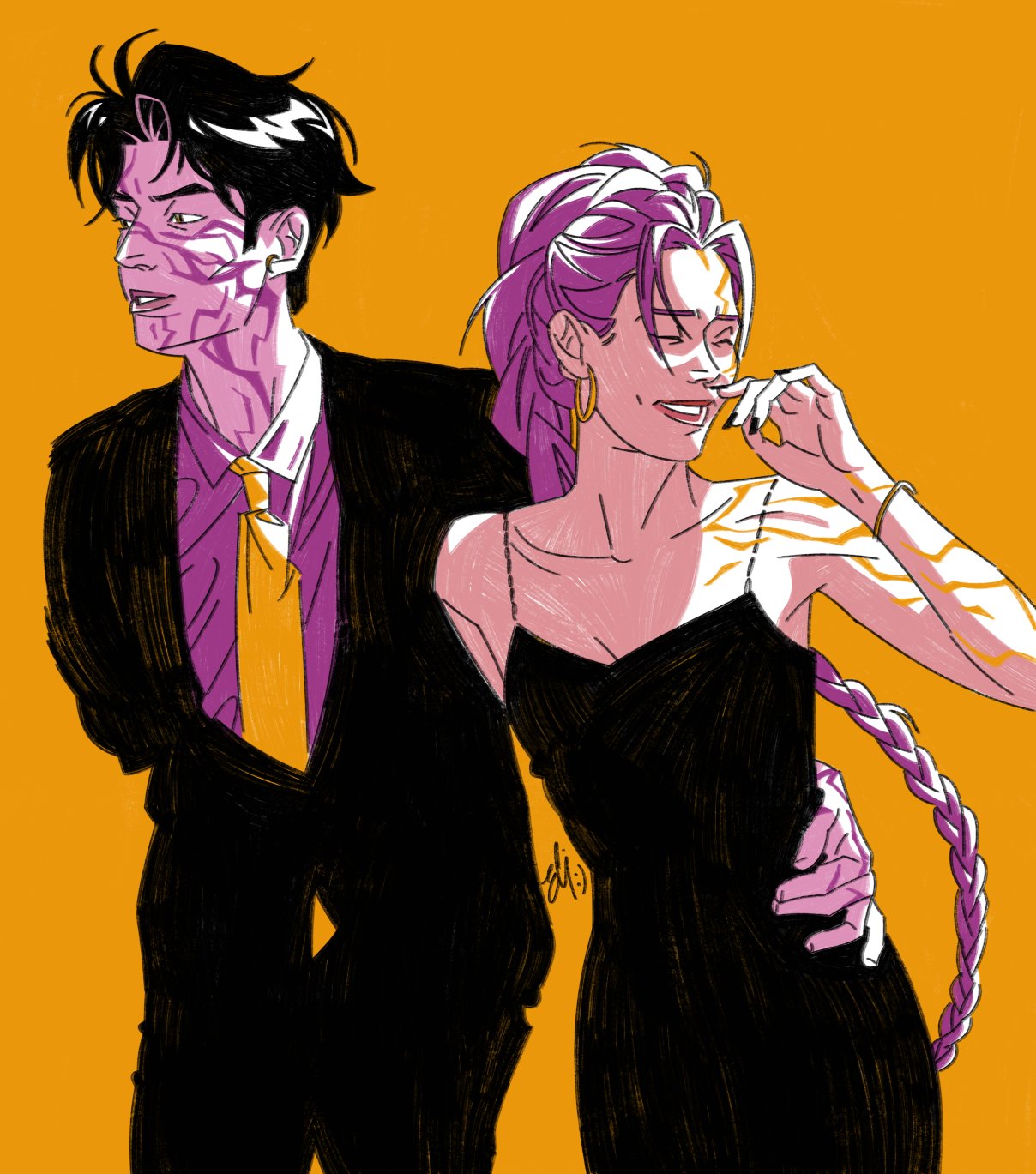 jinu (kpop demon hunters), rumi (kpop demon hunters), kpop demon hunters, commentary, english commentary, highres, 1boy, 1girl, black dress, black hair, black nails, black suit, body markings, braid, braided ponytail, closed eyes, cowboy shot, dress, earrings, elitanthalos, facial mark, formal clothes, jewelry, laughing, necktie, orange background, orange necktie, purple hair, purple shirt, shirt, short hair, signature, simple background, smile, suit