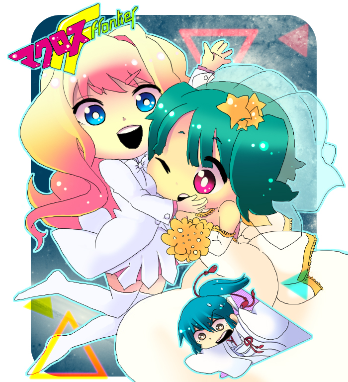ranka lee, saotome alto, sheryl nome, macross, macross frontier, 00s, 2girls, blonde hair, blue eyes, bride, chibi, dress, flower, multiple girls, red eyes, short hair, smile, star (symbol), twintails, wedding dress